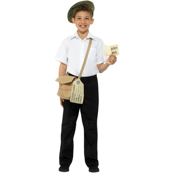 Smiffys evacuee costume kit brown with hat bag ration book - British product