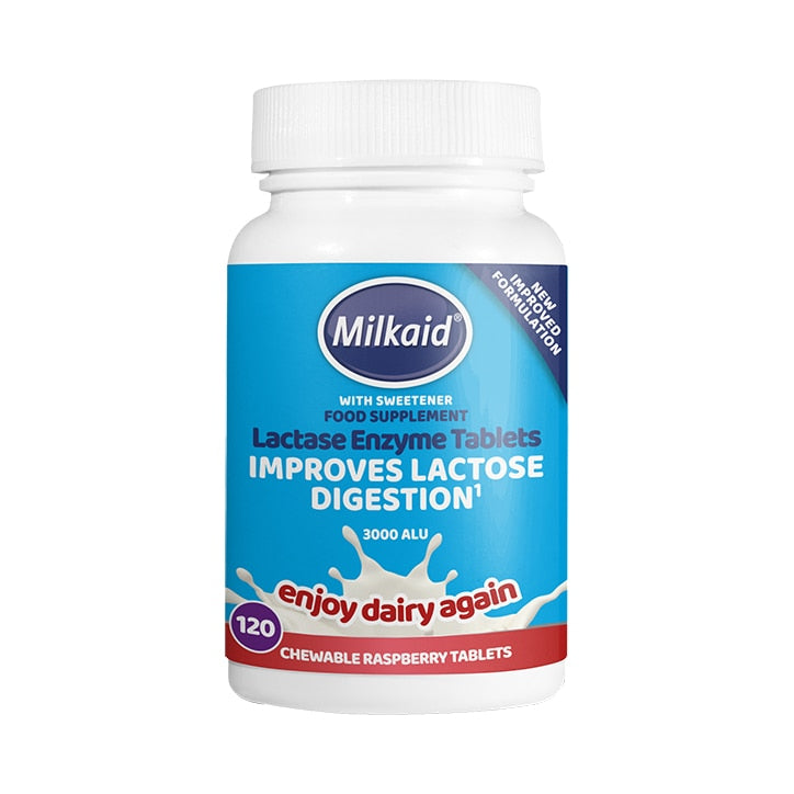 Milkaid Lactase Enzyme Tablets Raspberry Flavour 120 Tablets Digestive Health Tablets & Supplements Holland&Barrett   