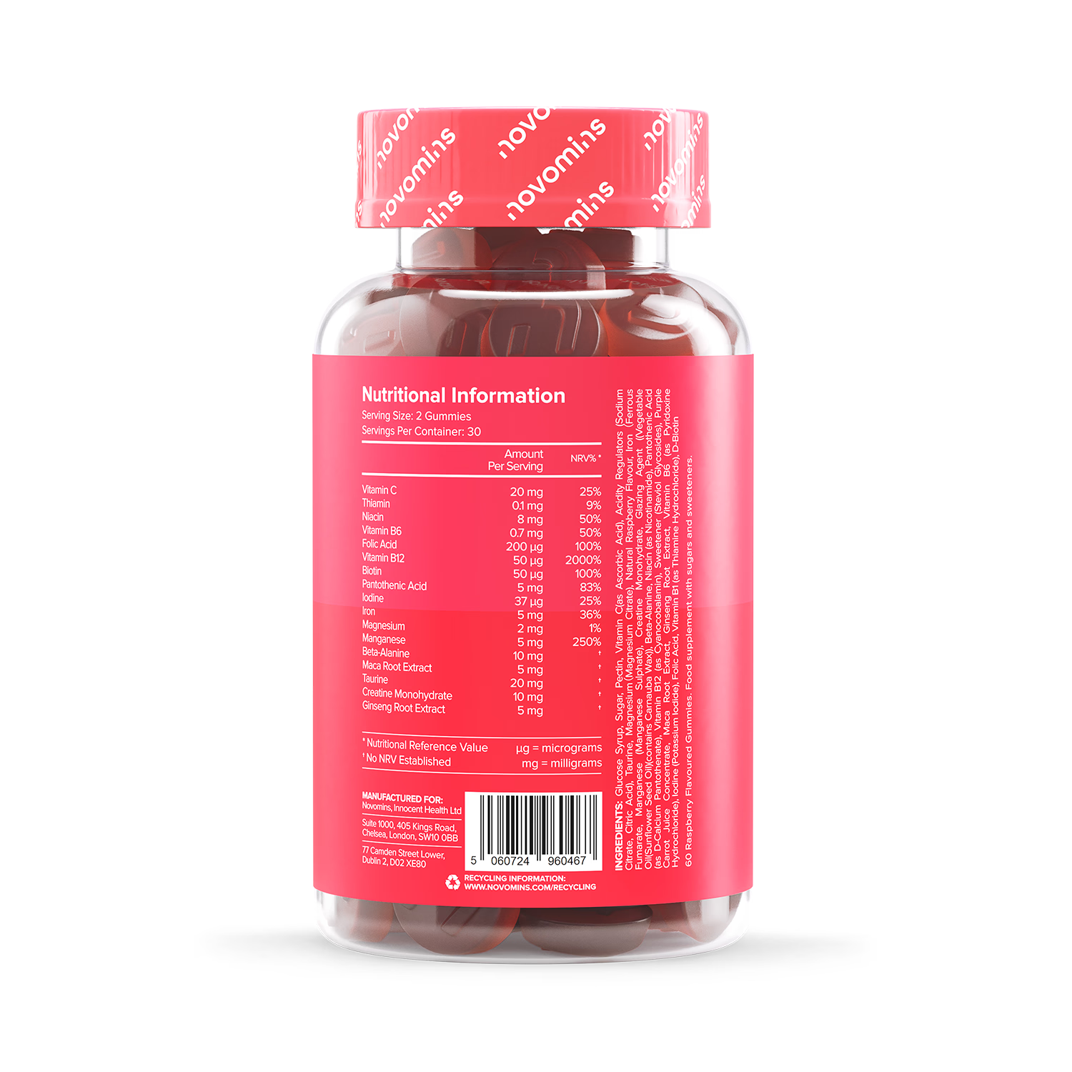 Novomins Energy Gummies Raspberry Flavour 60 Gummies, UK version