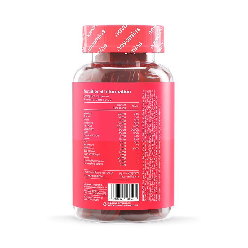 Novomins Energy Gummies Raspberry Flavour 60 Gummies, UK version