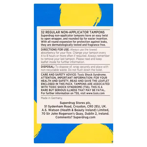 Superdrug regular non applicator tampons x32 (British brand)