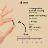 New Leaf Ashwagandha KSM-66 Lions Mane 120 capsules - British product