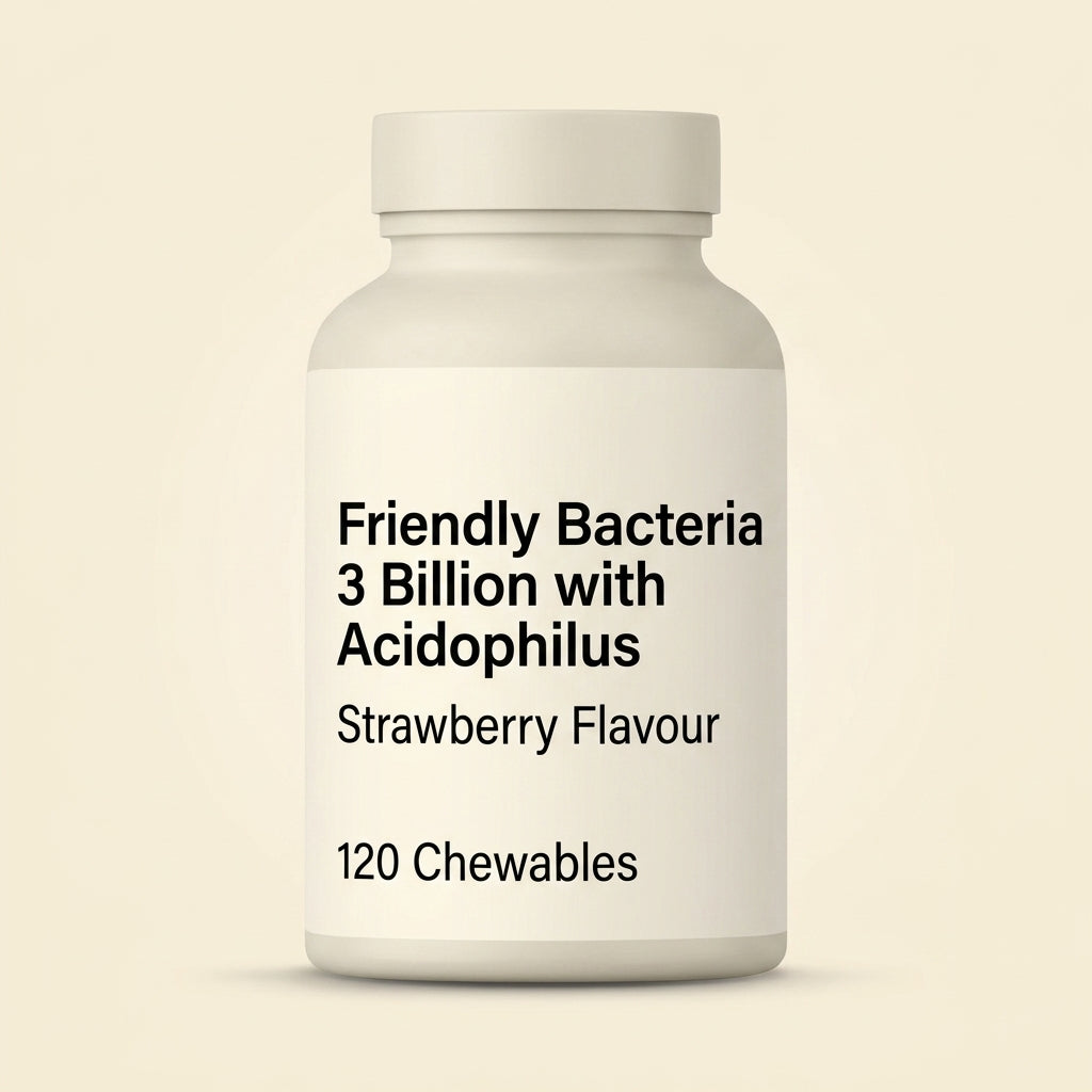 Holland & Barrett chewable Acidophilus Strawberry probiotic 120 tablets, UK version