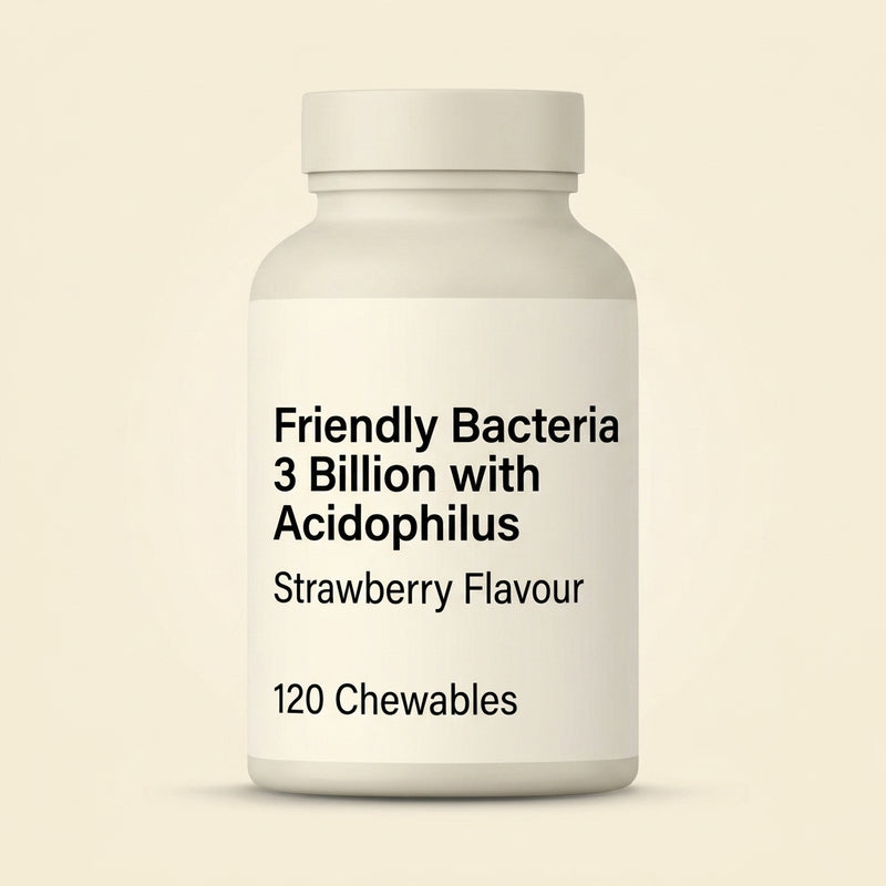Holland & Barrett chewable Acidophilus Strawberry probiotic 120 tablets, UK version