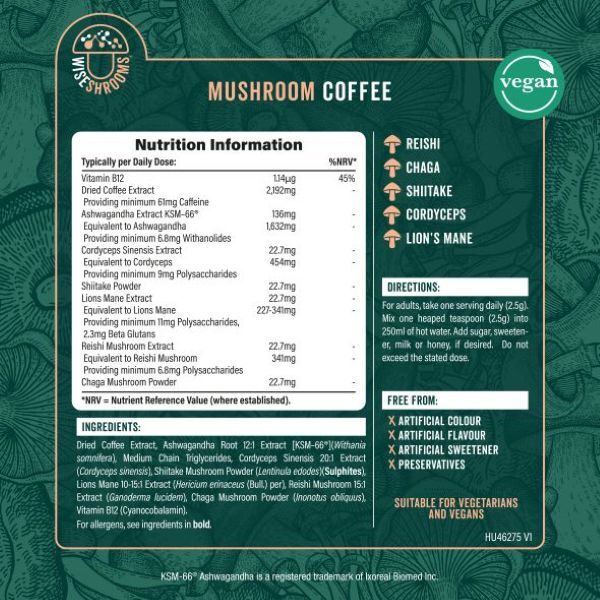 Wiseshrooms Mushroom Coffee vegan powder 100g (British brand)