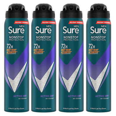Superdrug Sure Men Nonstop Active Dry Deodorant Spray Bundle 4 Pack 250ml- Buy online at McGrocer