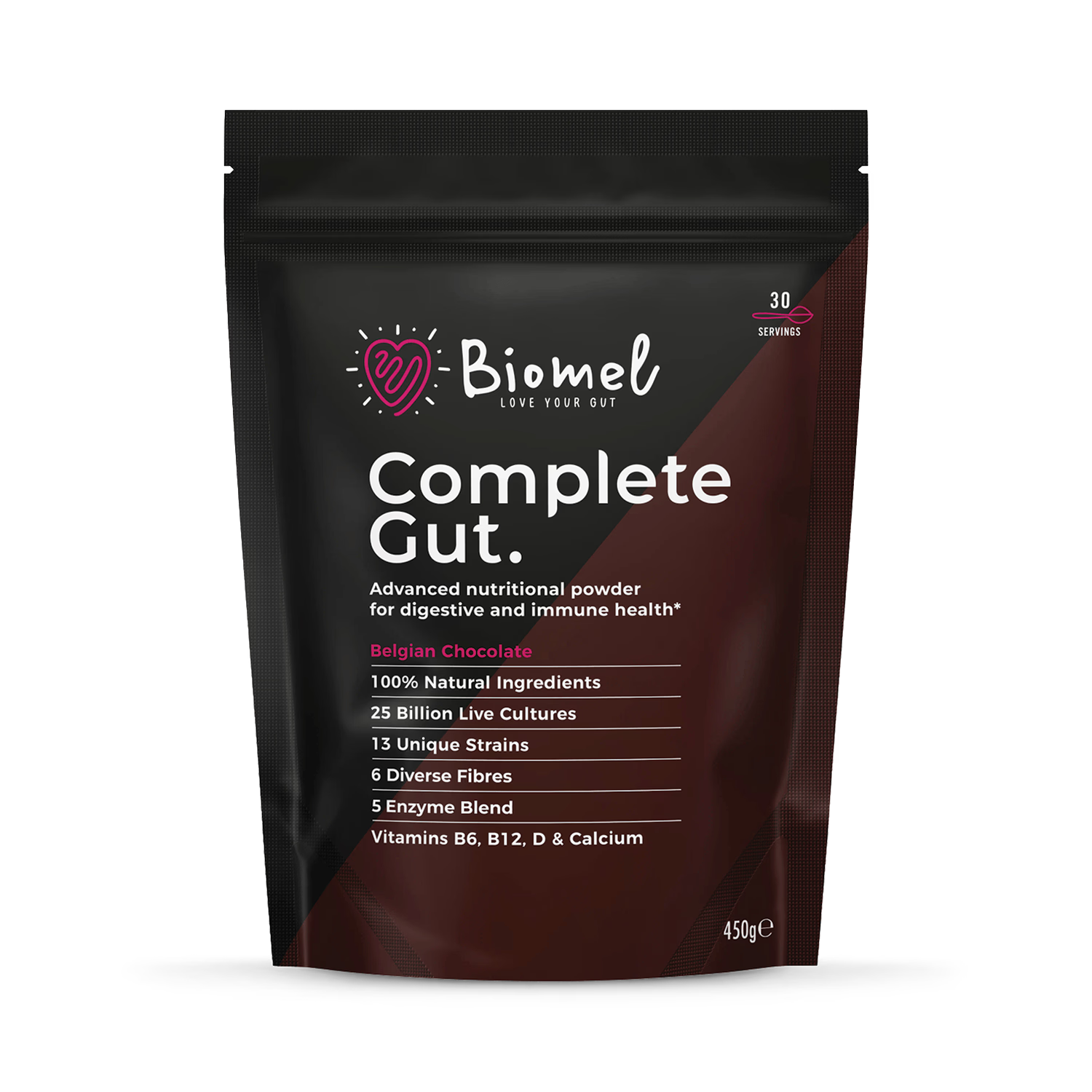 Biomel Complete Gut probiotic powder Belgian Chocolate 450g - British product