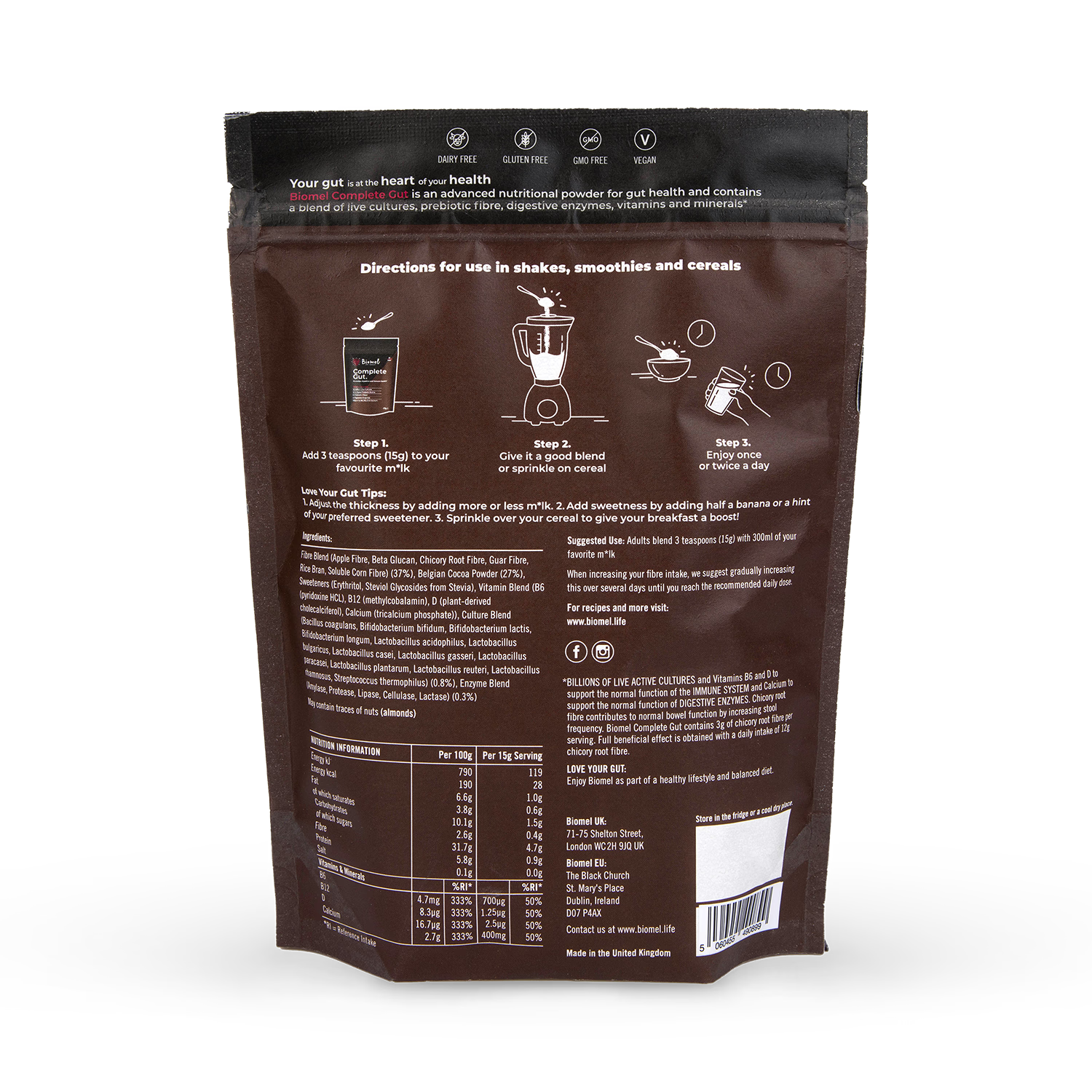 Biomel Complete Gut probiotic powder Belgian Chocolate 450g - British product