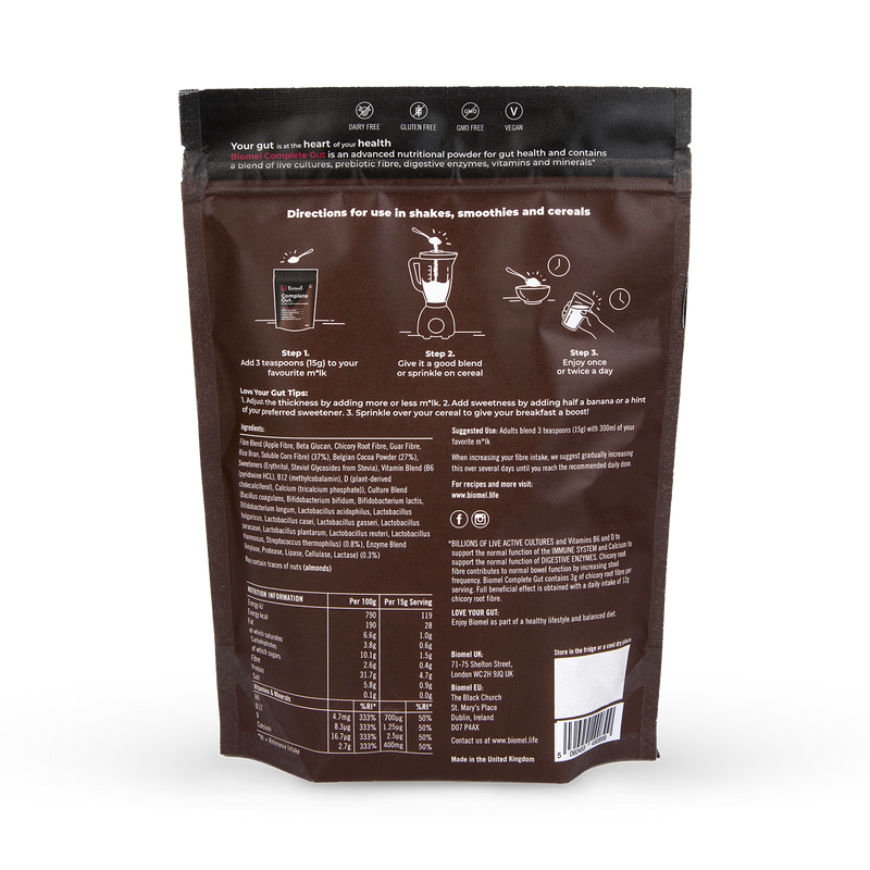 Biomel Complete Gut probiotic powder Belgian Chocolate 450g - British product