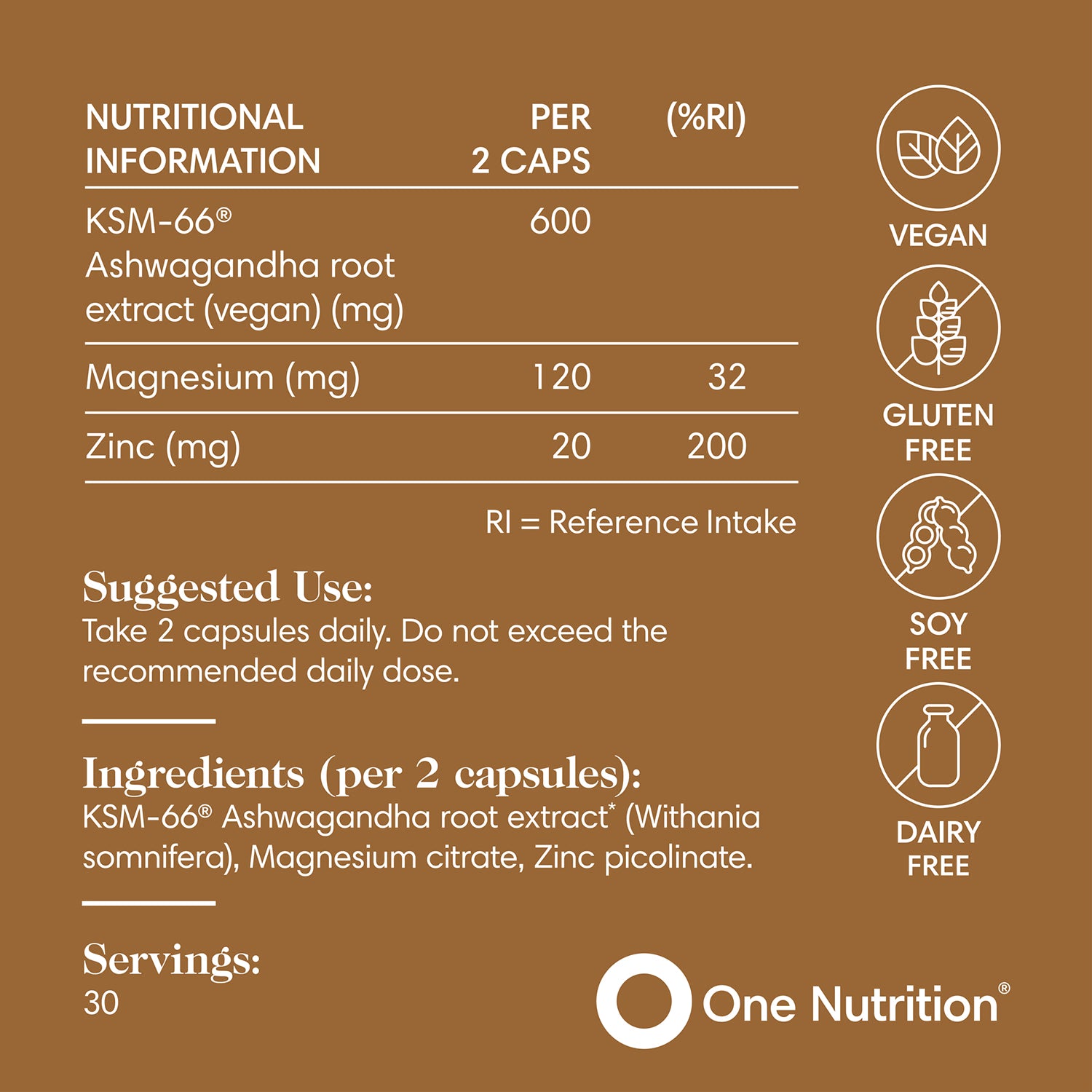 One Nutrition Ashwagandha supplement 60 capsules (British brand)