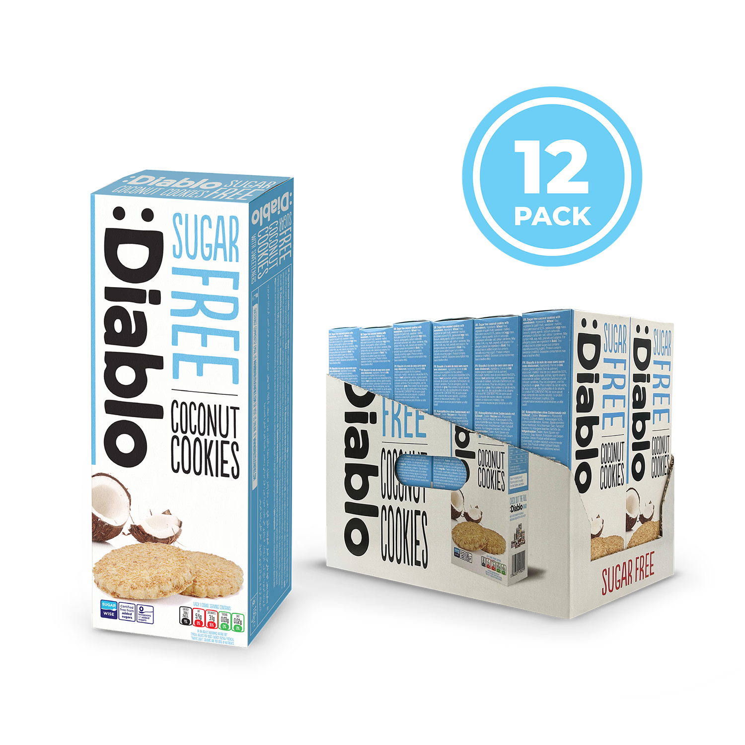 Diablo sugar free coconut cookies 150g pack of 12, imported from the UK
