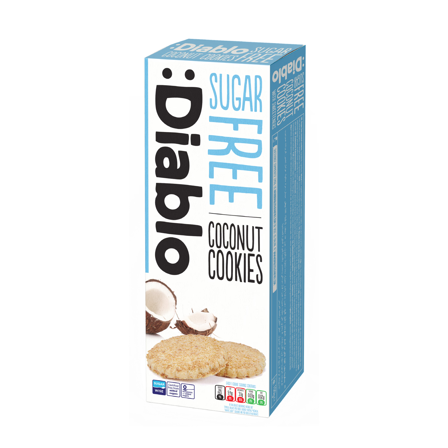 Diablo sugar free coconut cookies 150g pack of 12, imported from the UK