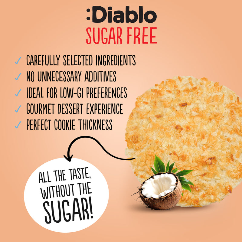 Diablo sugar free coconut cookies 150g pack of 12, imported from the UK