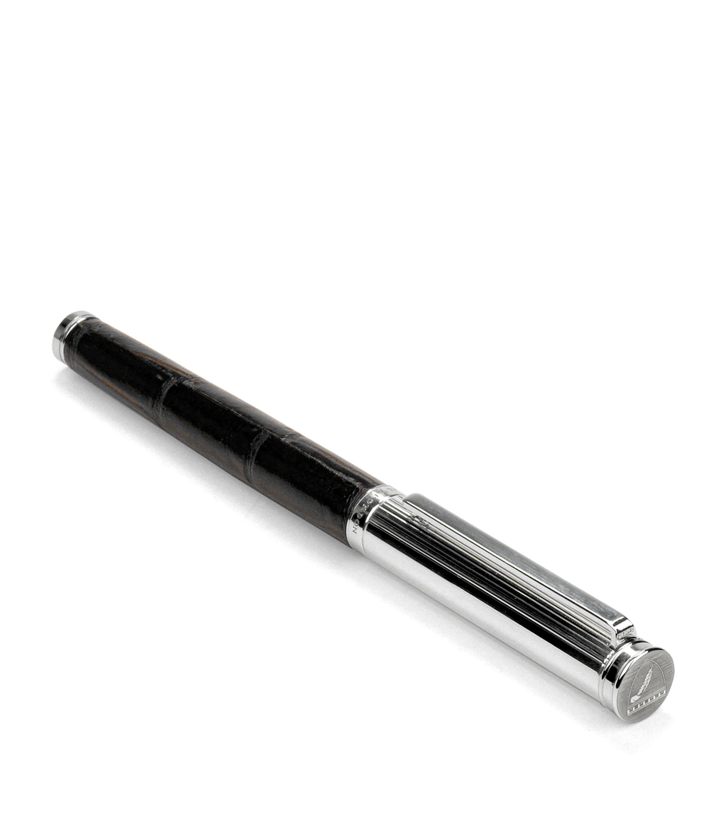 Aspinal Of London rollerball pen featuring rhodium-plated brass and leather finish, 13.5cm tall - British product