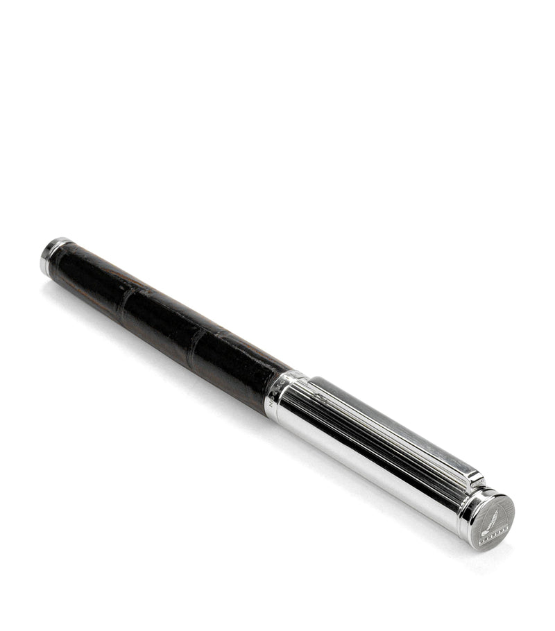 Aspinal Of London rollerball pen featuring rhodium-plated brass and leather finish, 13.5cm tall - British product