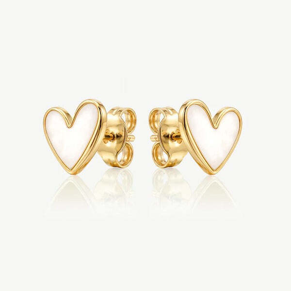 MUCHV white enamel heart stud earrings 18k gold, imported from the UK