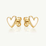 MUCHV white enamel heart stud earrings 18k gold, imported from the UK