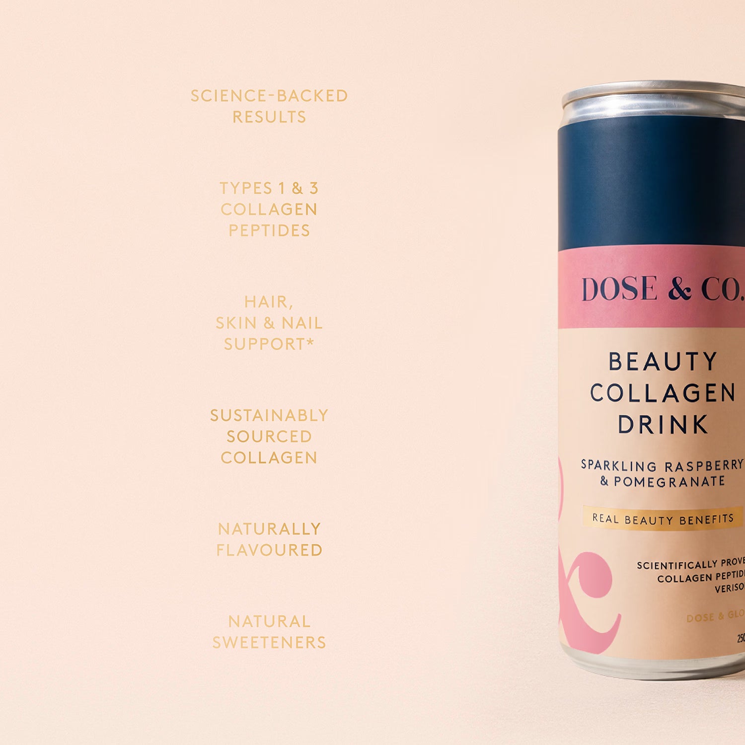 Dose & Co beauty collagen sparkling drink raspberry 250ml, imported from the UK