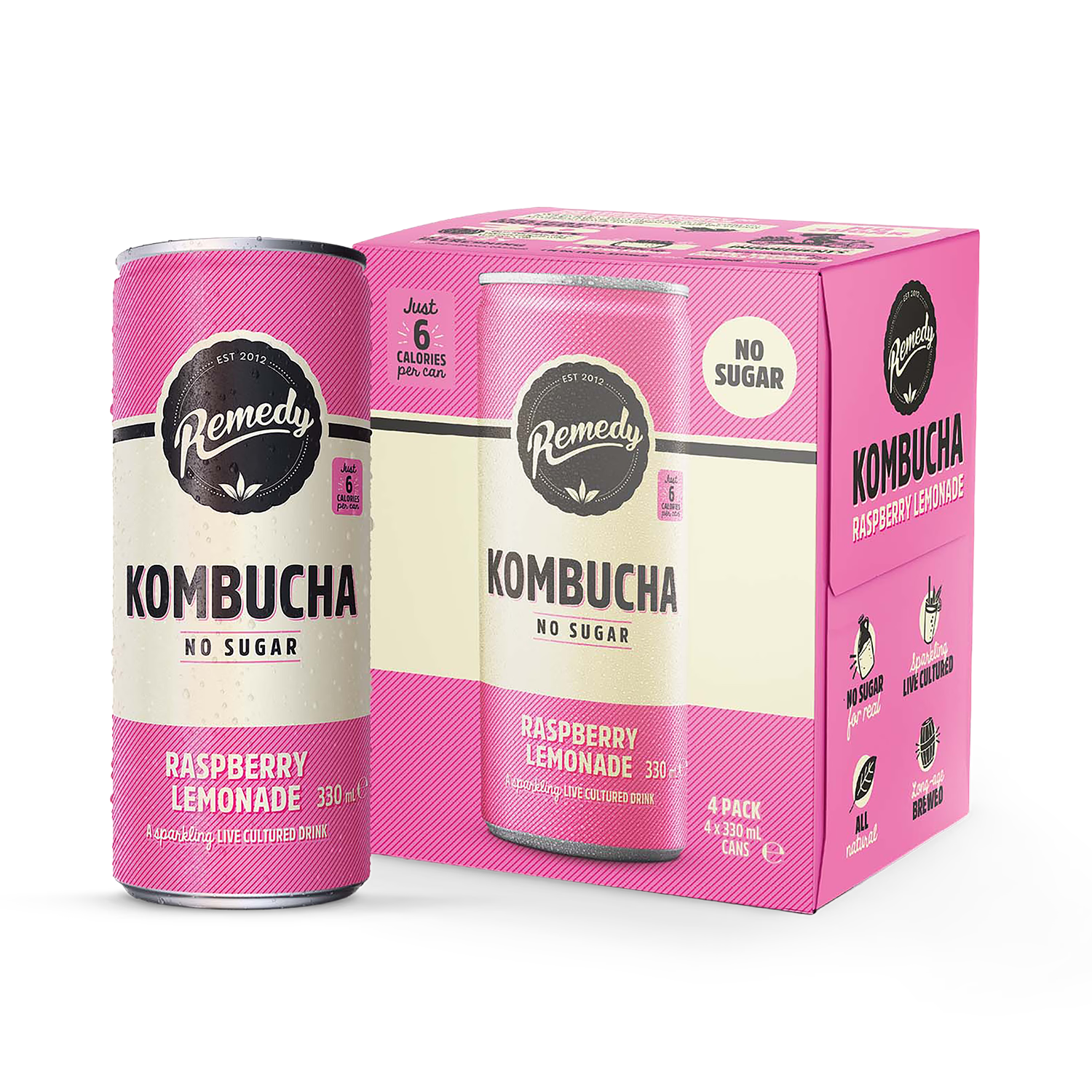 Remedy kombucha Raspberry Lemonade 4 x 330ml, imported from the UK