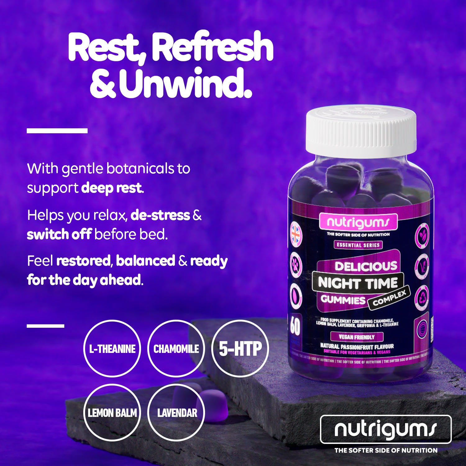 Nutrigums Night Time Complex sleep gummies 60 count, imported from the UK