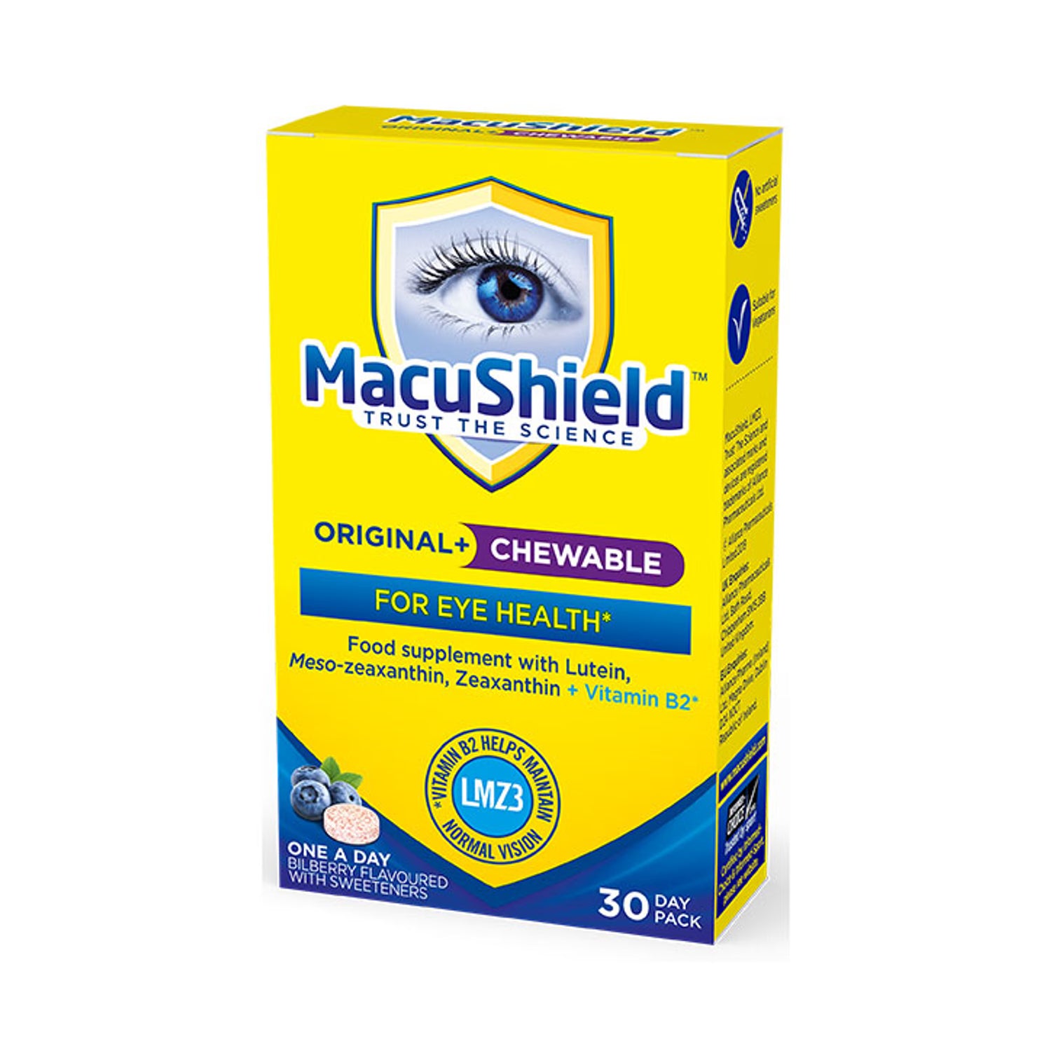 Chewable Eye Health Supplement with Lutein, Zeaxanthin, and Vitamin B2, Bilberry Flavour, 30 Tablets