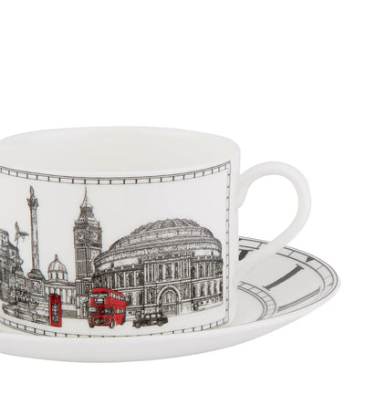 Teacup and Saucer Set with London Landmark Illustrations and Gold-Tone Rim