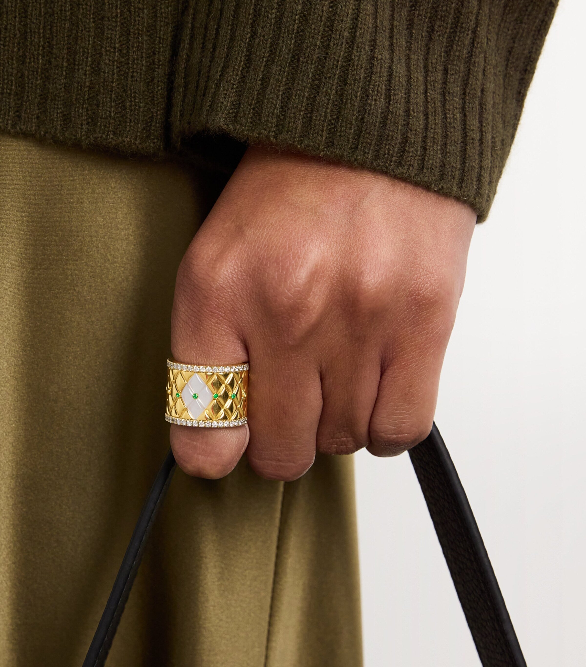 L'atelier Nawbar yellow gold diamond emerald and pearl ring size 53, UK version