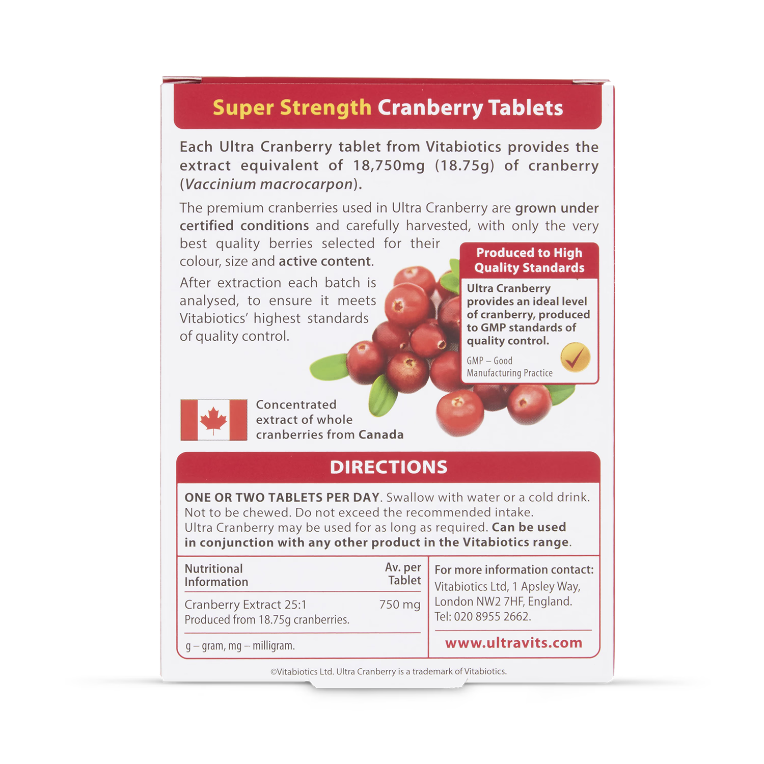 Vitabiotics Ultra Cranberry 750mg 30 Tablets (British brand)