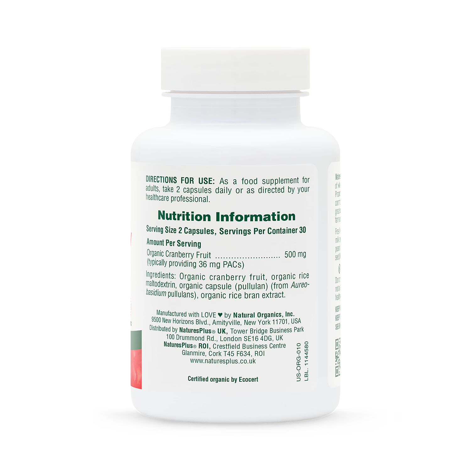 NaturesPlus organic cranberry supplement 500mg 60 capsules (British brand)