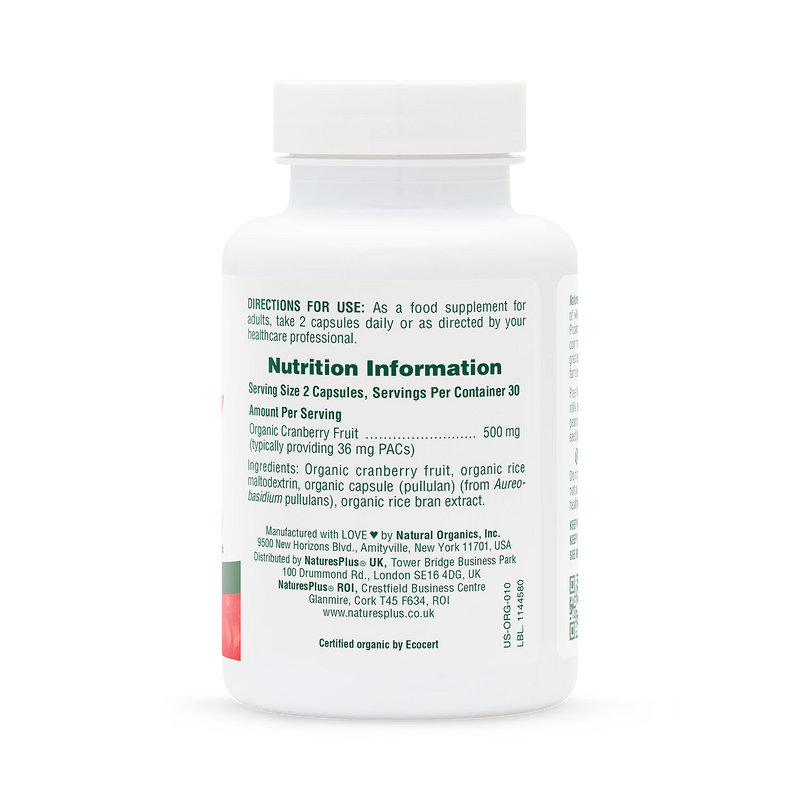 NaturesPlus organic cranberry supplement 500mg 60 capsules (British brand)