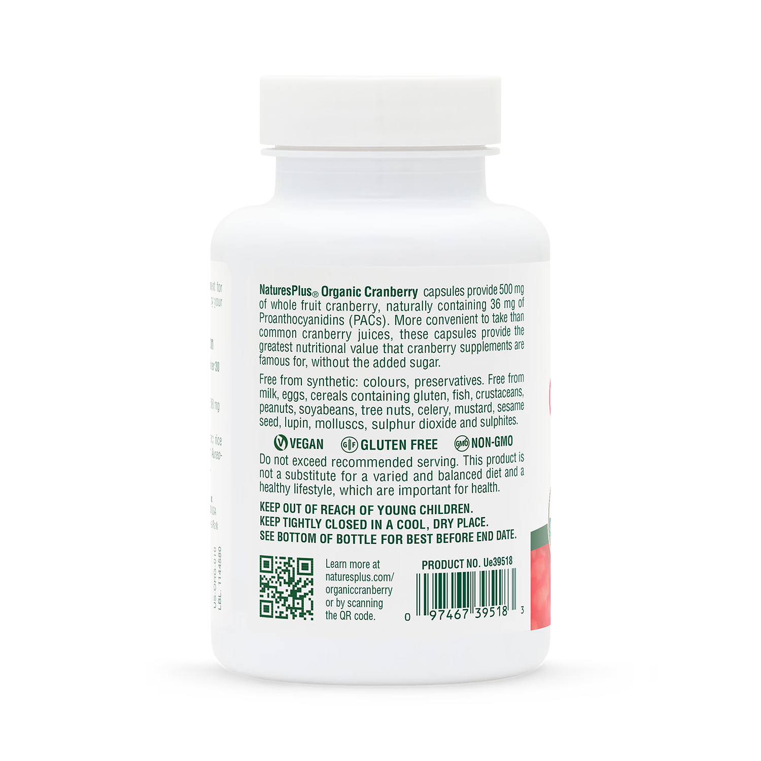 NaturesPlus organic cranberry supplement 500mg 60 capsules (British brand)