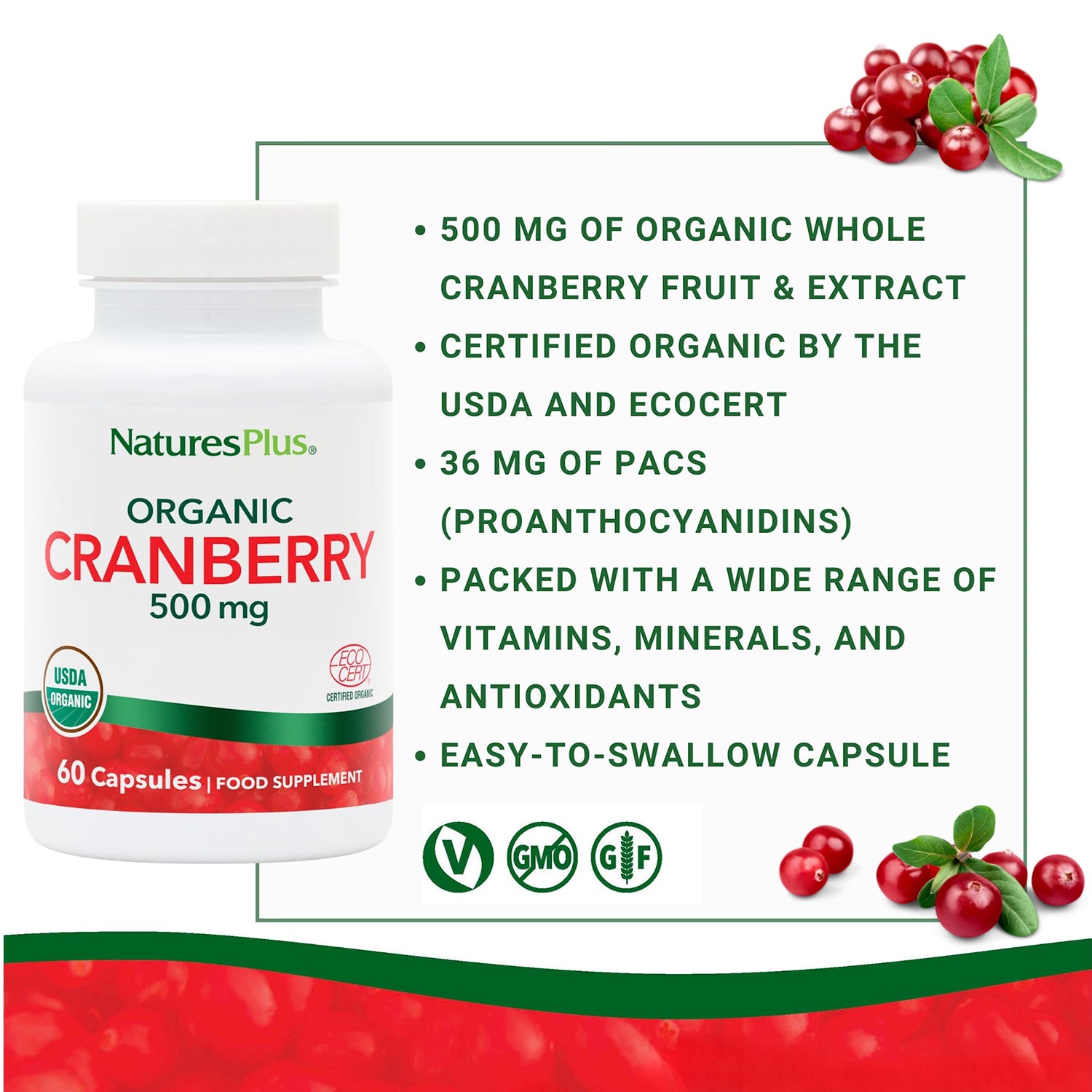 NaturesPlus organic cranberry supplement 500mg 60 capsules (British brand)