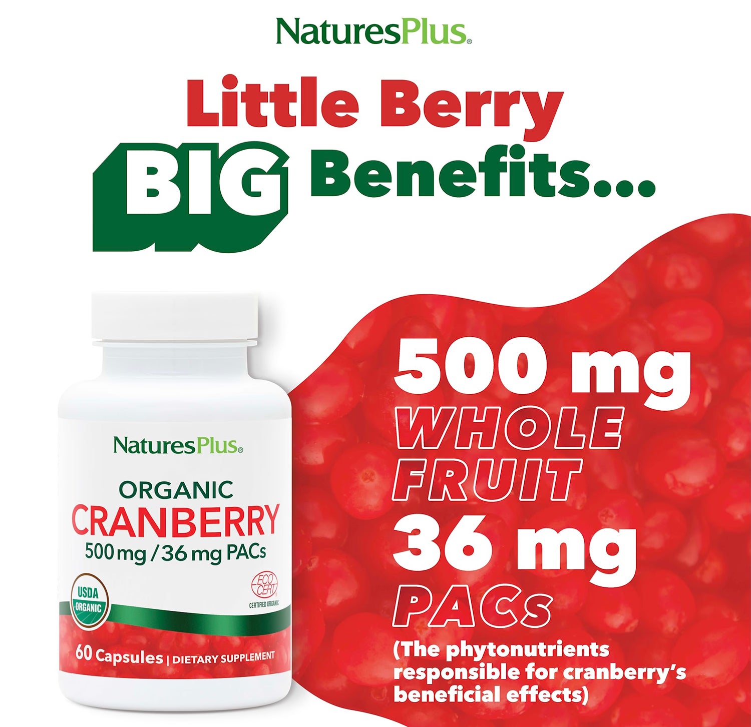 NaturesPlus organic cranberry supplement 500mg 60 capsules (British brand)