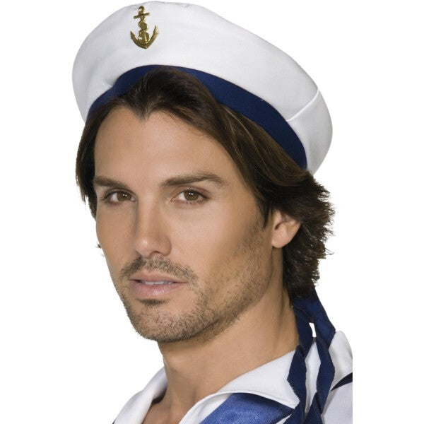 Smiffys sailor hat white blue band gold anchor, UK version