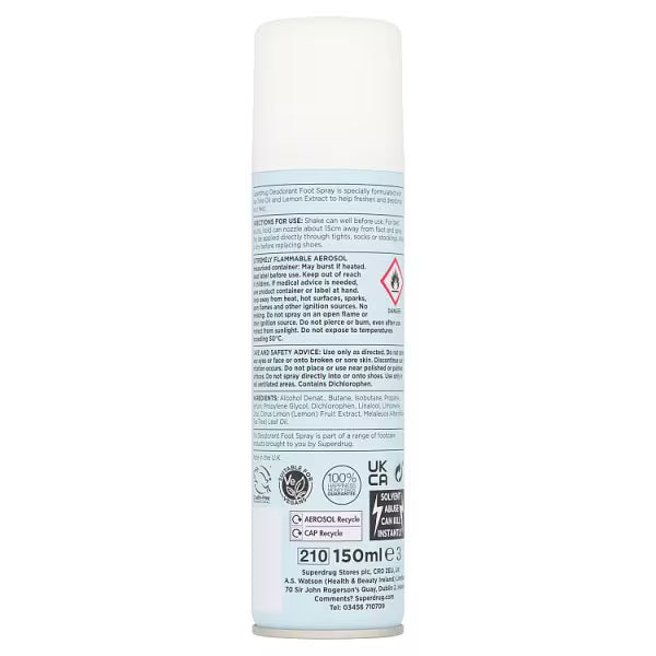 Superdrug Deodorant Foot Spray Tea Tree Lemon 150ml (British brand)