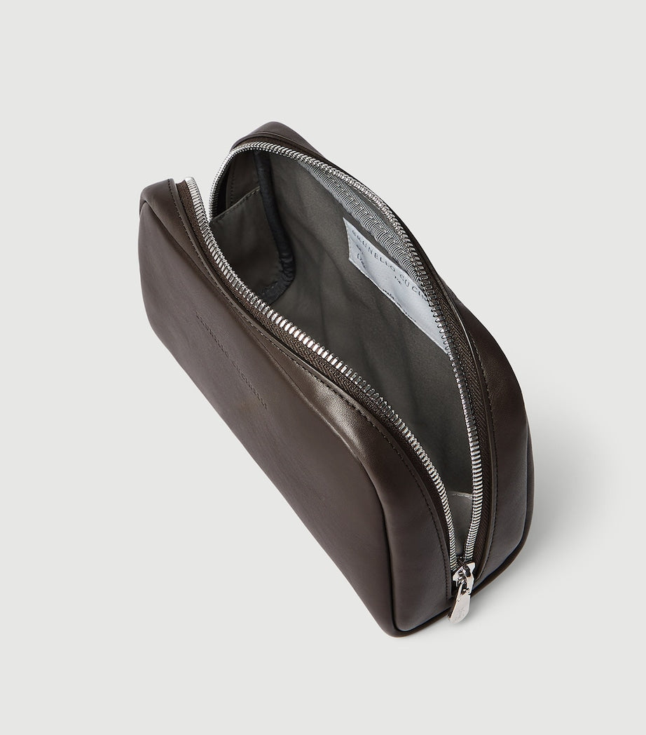 Brunello Cucinelli leather beauty case with debossed logo, imported from the UK