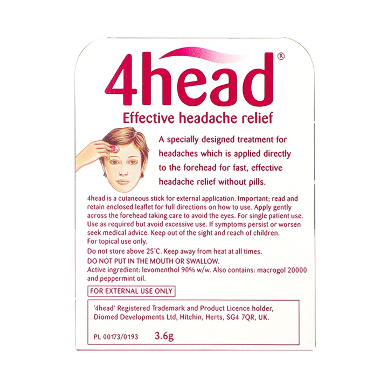4Head headache relief stick 3.6g (British brand)