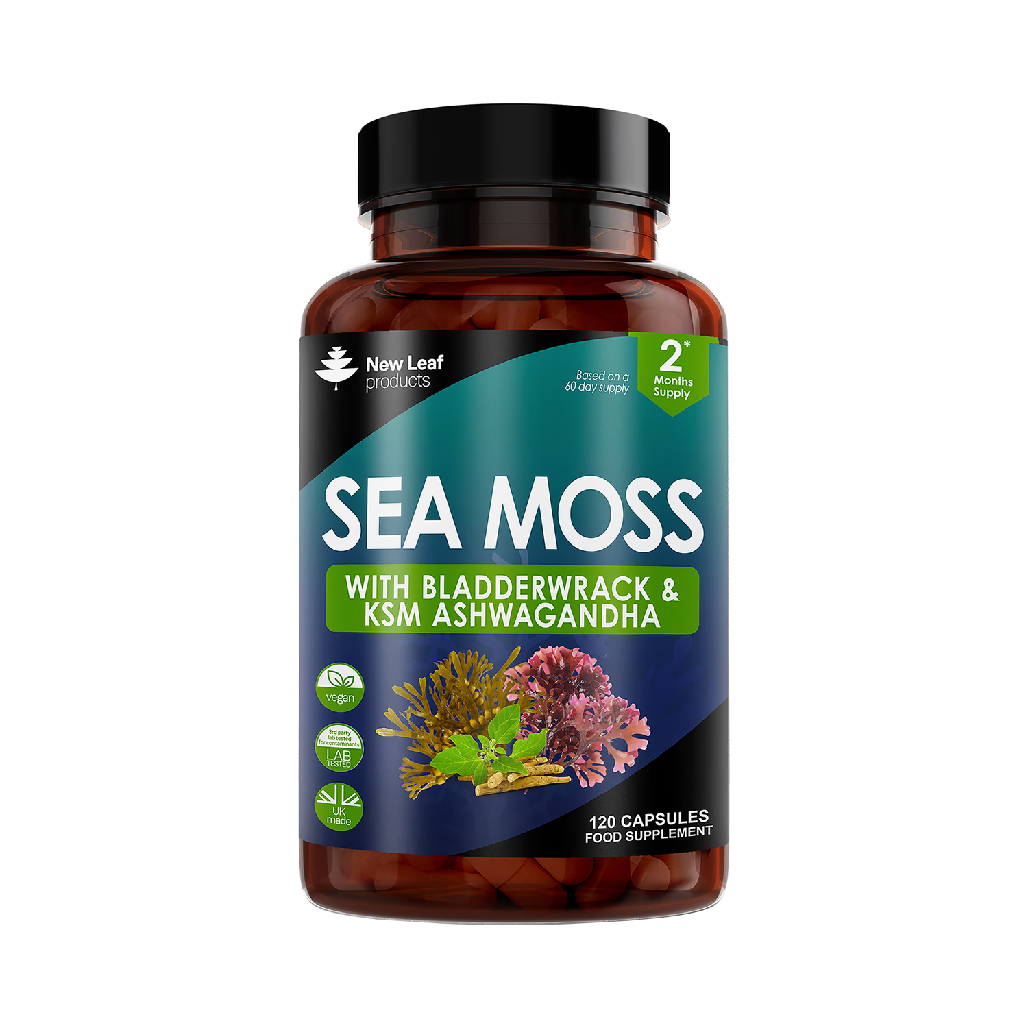 New Leaf Products sea moss capsules with bladderwrack and ashwagandha 120 capsules, UK version
