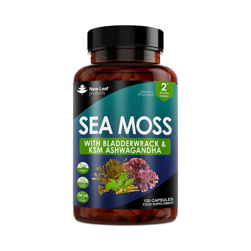 New Leaf Products sea moss capsules with bladderwrack and ashwagandha 120 capsules, UK version