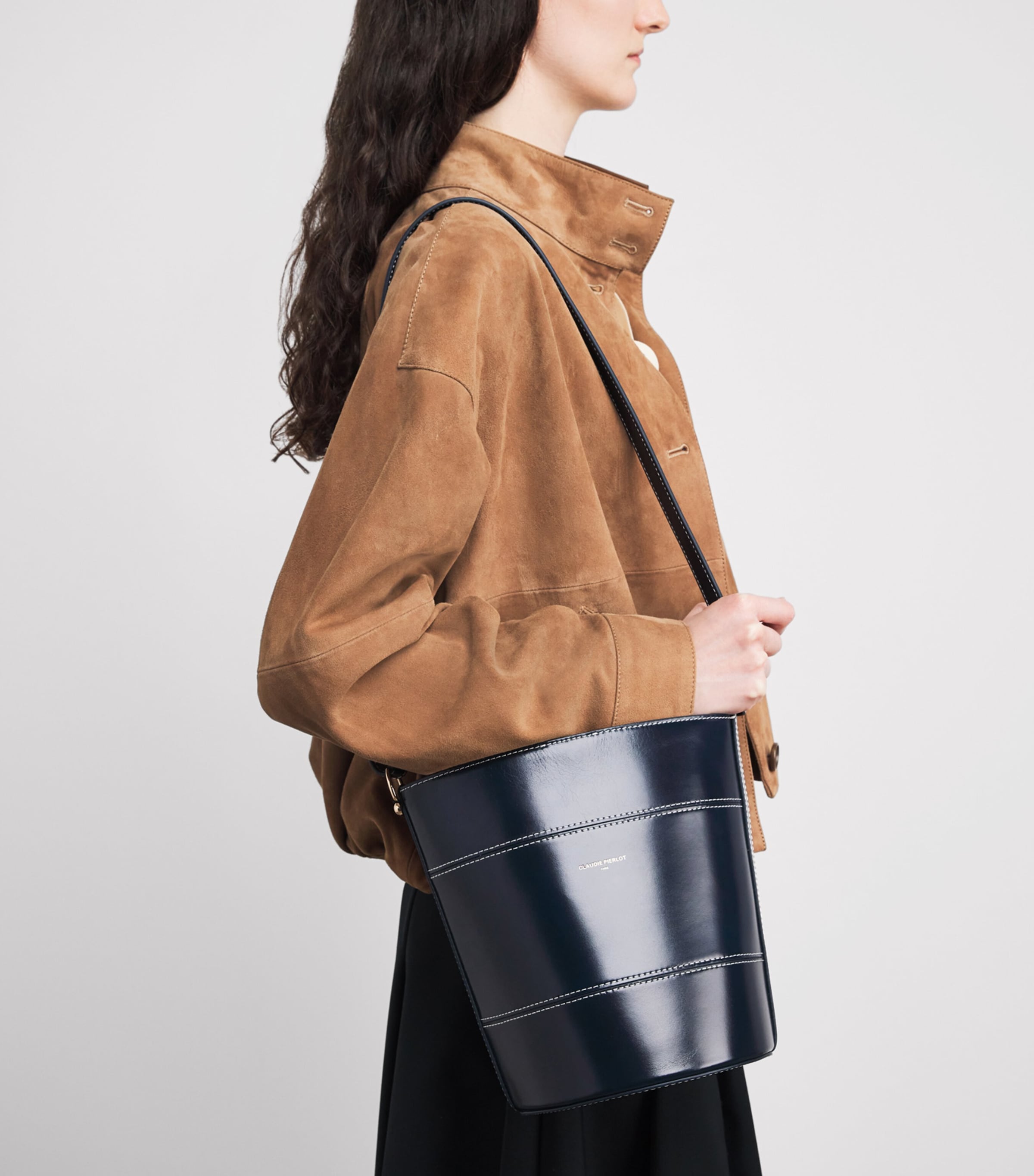 Claudie Pierlot calfskin bucket bag gold-tone logo (British brand)