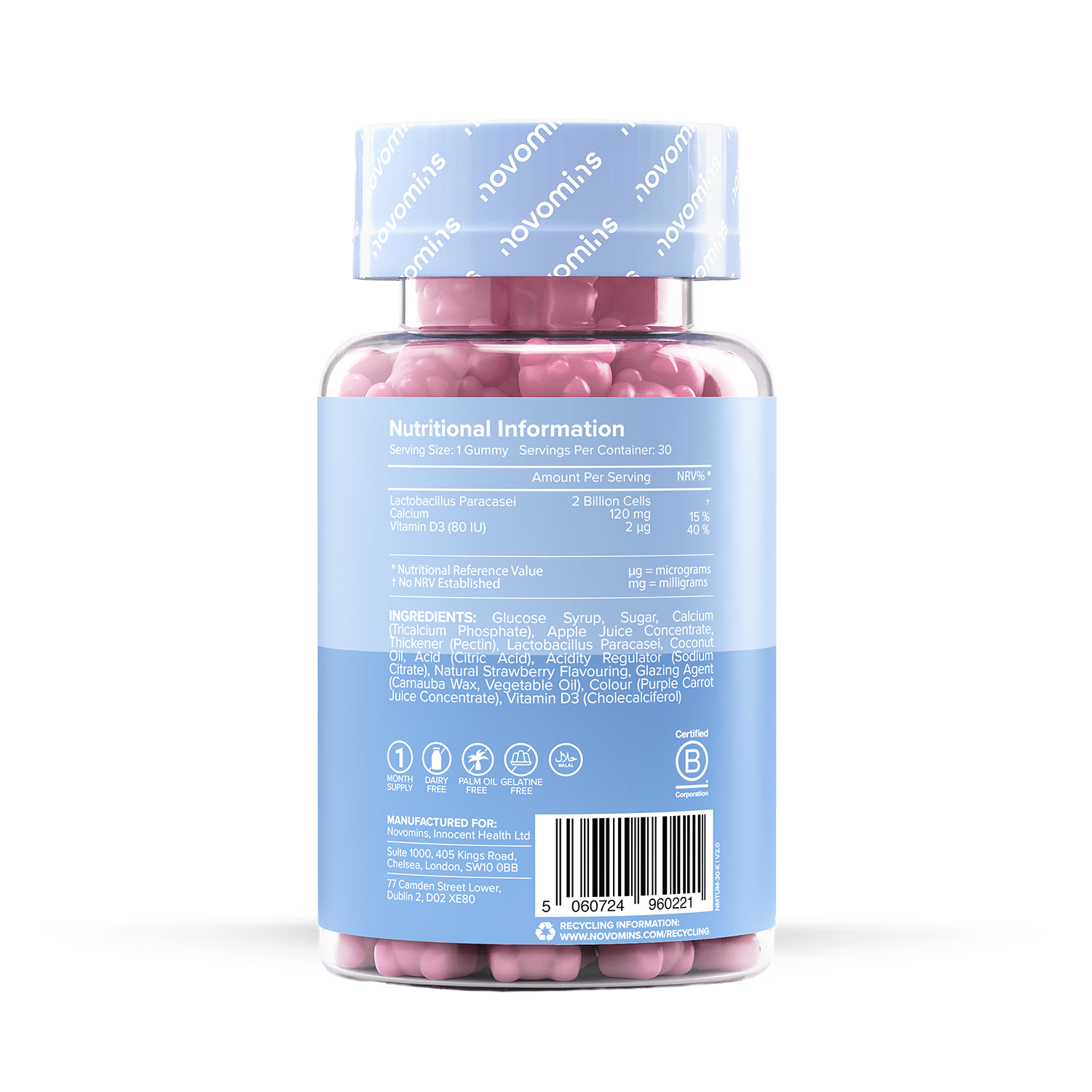 Novomins Kids Tummy Gummies Strawberry Flavour 30 pieces, imported from the UK