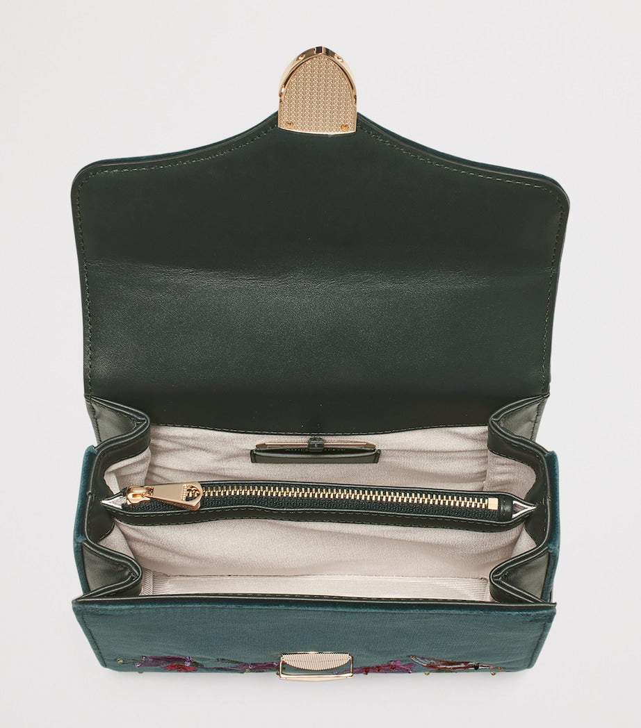 Aspinal of London Mayfair bag in velvet with floral embroidery (British brand)