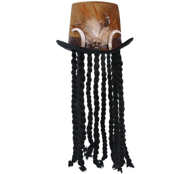 Smiffys witch doctor top hat with dreadlocks and feathers (British brand)