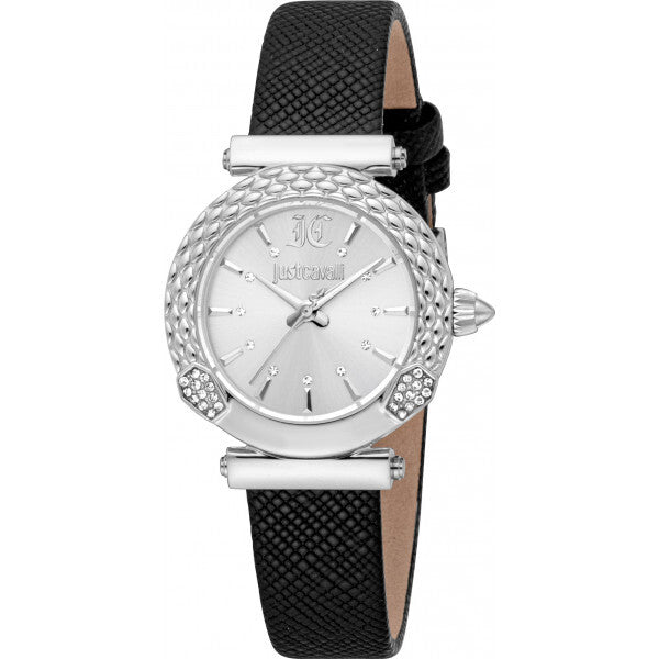 Just Cavalli black ladies snake watch with leather strap, imported from the UK