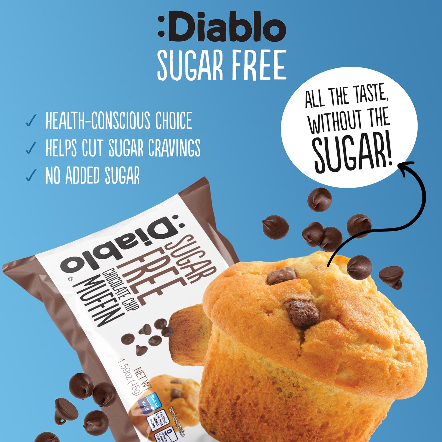 Diablo sugar free chocolate chip muffin 45g pack of 24, imported from the UK