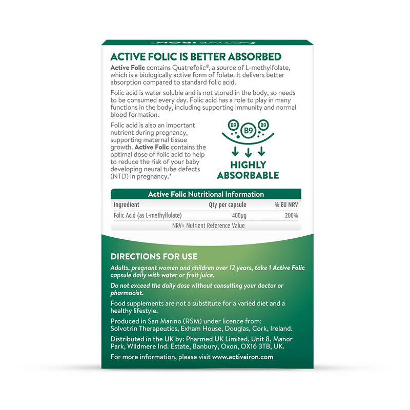 Active Folic supplement 400mcg 60 Capsules - British product