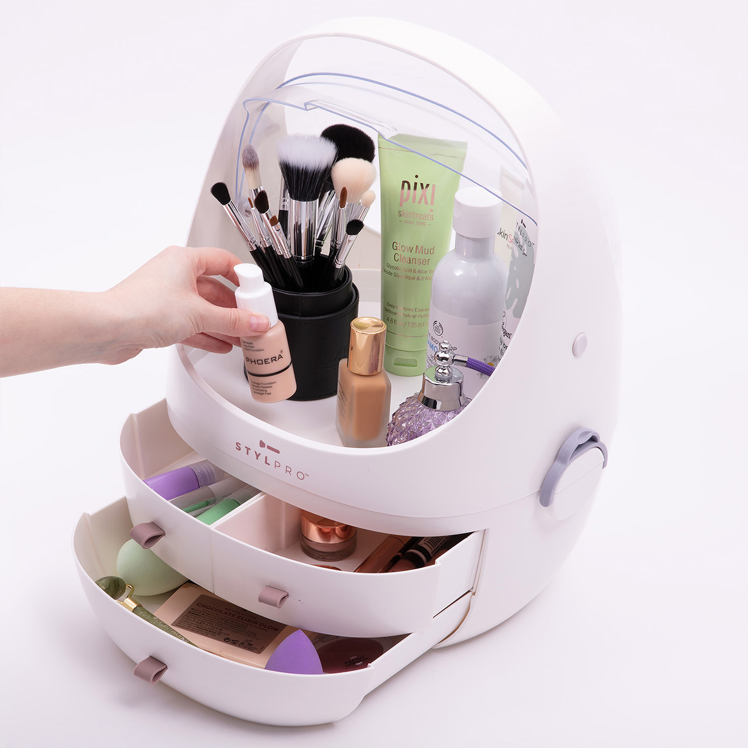 Stylpro beauty storage pod with crystal-clear cover, imported from the UK