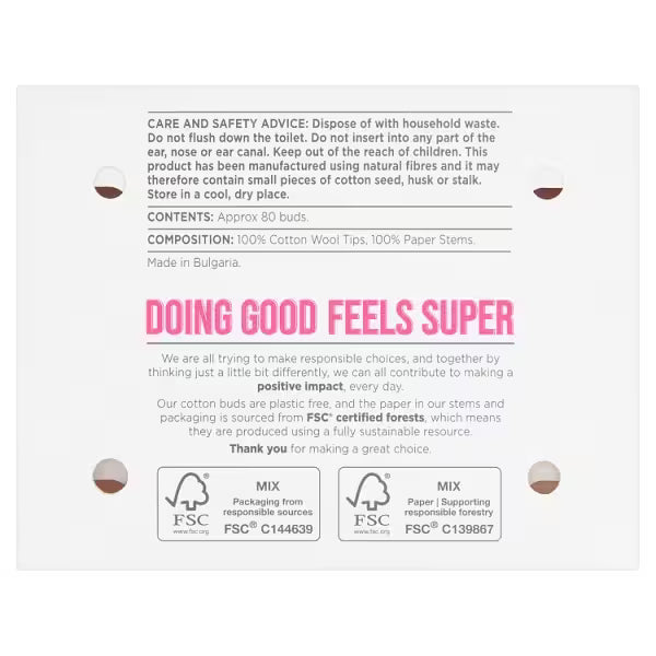 Superdrug Cotton Paper Buds 80 Pack Biodegradable Paper Stems (British brand)