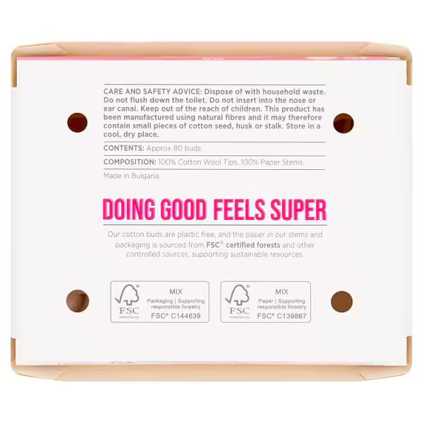Superdrug Cotton Paper Buds 80 Pack Biodegradable Paper Stems (British brand)