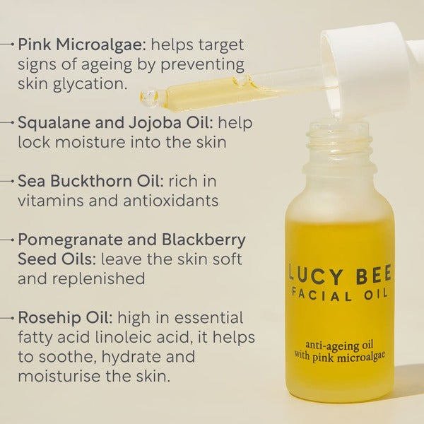 Lucy Bee organic firming facial oil with pink microalgae 18ml, UK version